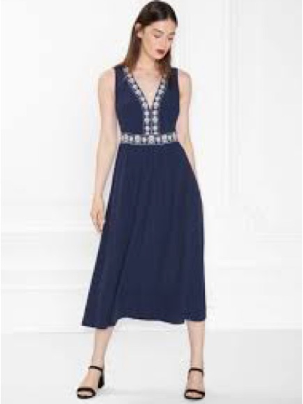 & Other Stories Embroidery Maxi Dress Womens 6 Navy Blue Boho Geometric